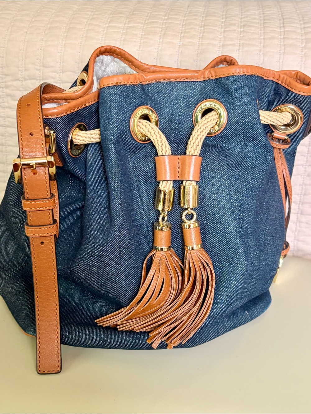 Michael Kors Denim Drawstring Shoulder Bag with Tan Trim